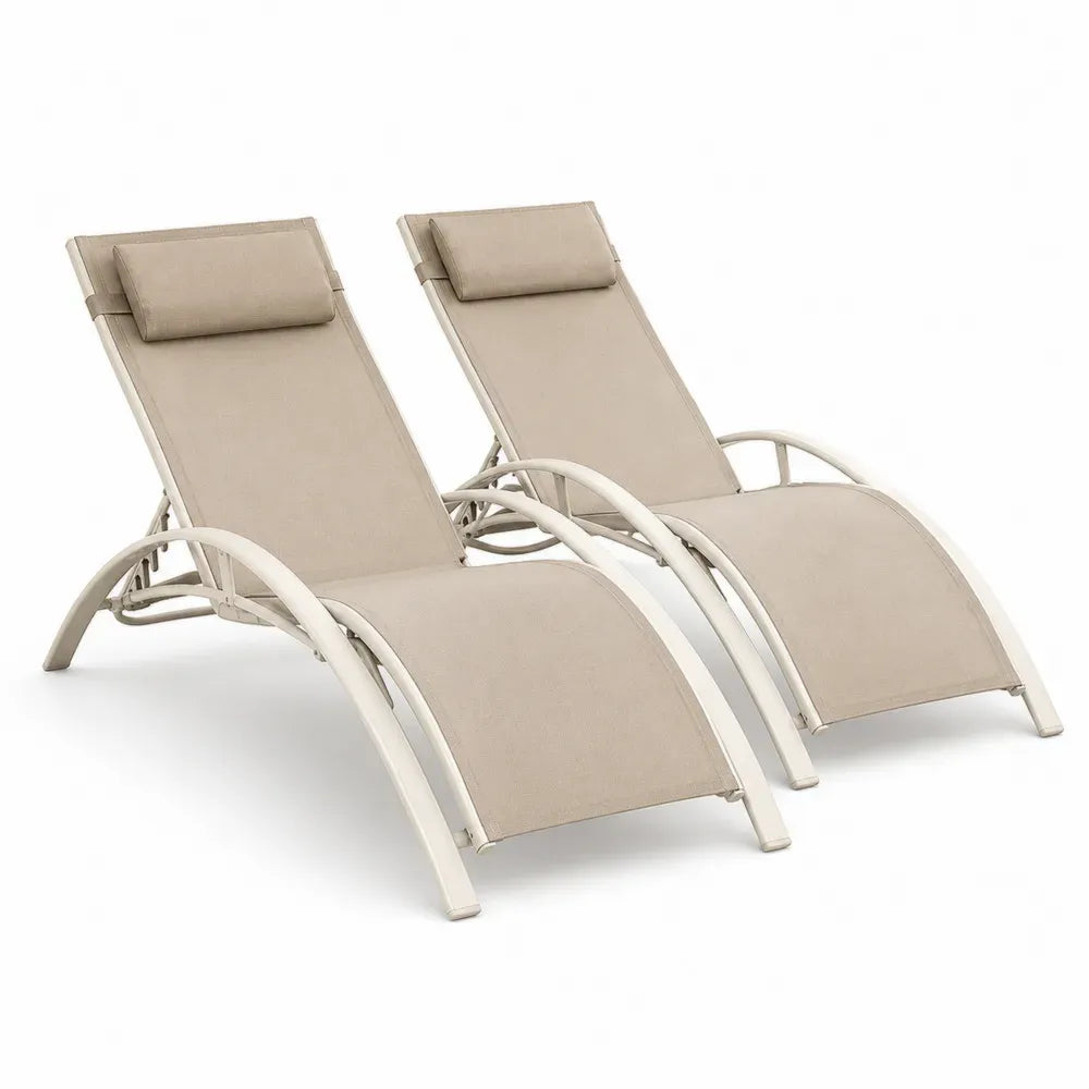 Gartenliegen 2er Set mit Kopfkissen 165 x 63 x 92 cm aus Stahlrohr und PVC beschichtetem Polyestergewebe Beige Creme