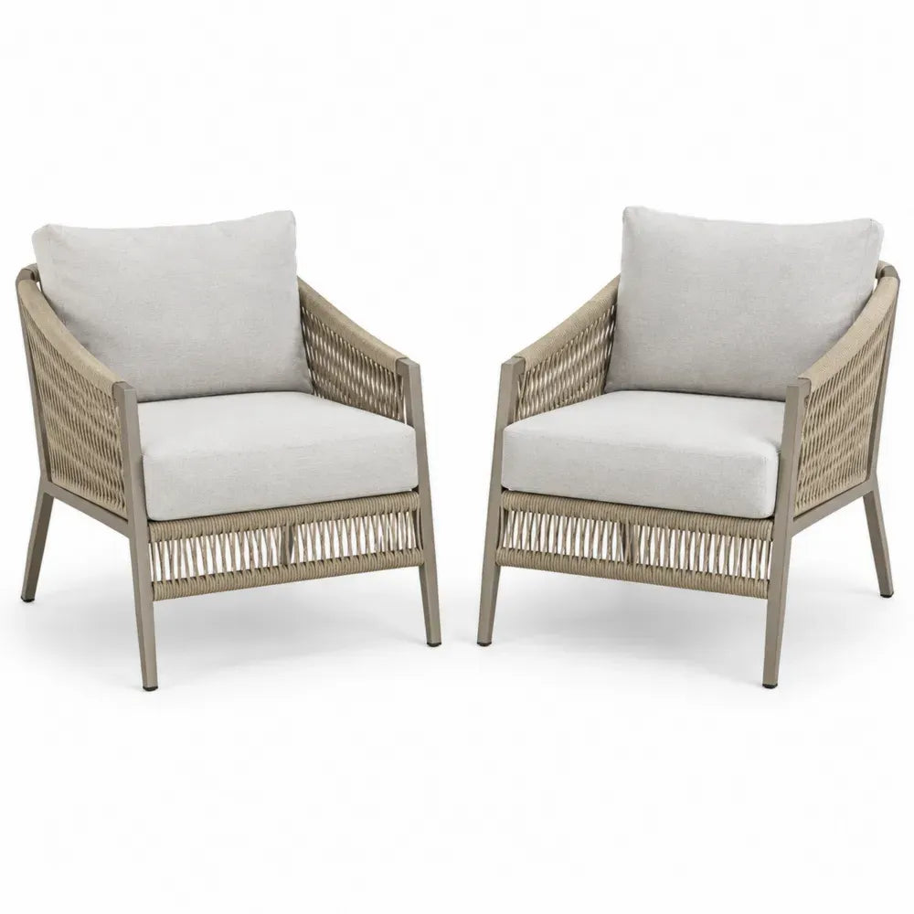 Gartensessel 2er Set Loungesessel aus Aluminium PE-Seilgeflecht und Polyester Beige Creme Taupe 72 x 74 x 78 cm
