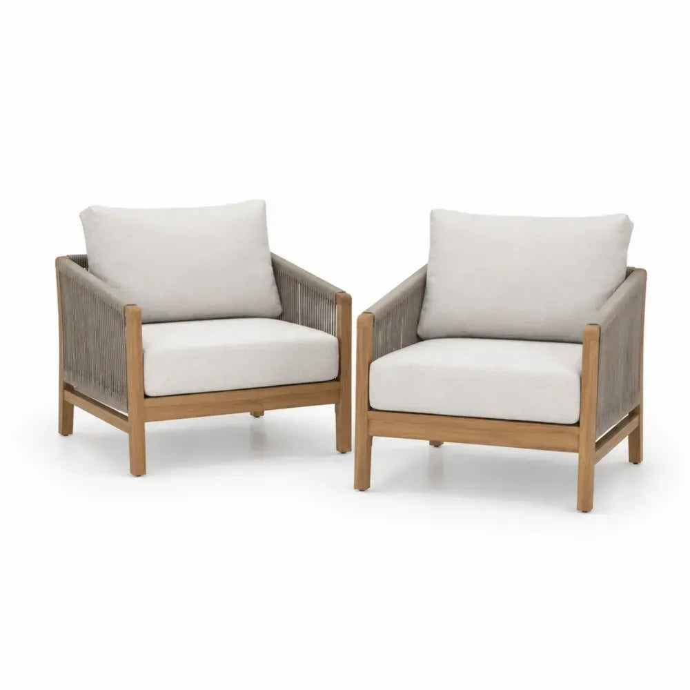 Garten Loungesessel Set 2-teilig mit Polstern Akazienholz Polypropylen Seil rechteckig Naturbraun Cremeweiß Grau Schwarz je 76 x 82 x 80 cm