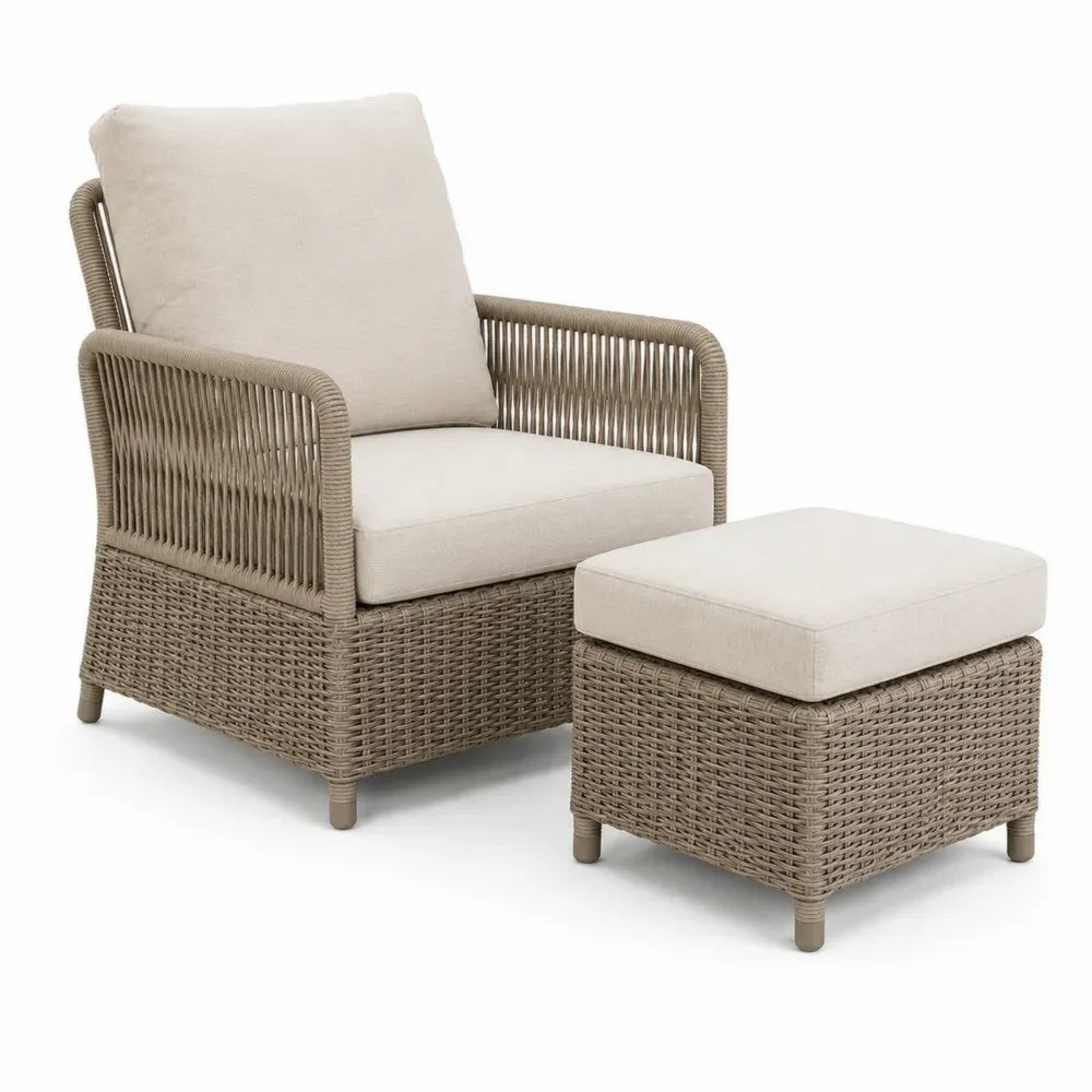 Garten Loungesessel Set mit Fußhocker 76 x 82 x 95 cm und 58 x 50 x 45 cm aus PE Rattan und pulverbeschichtetem Stahl Naturbeige Cremeweiß