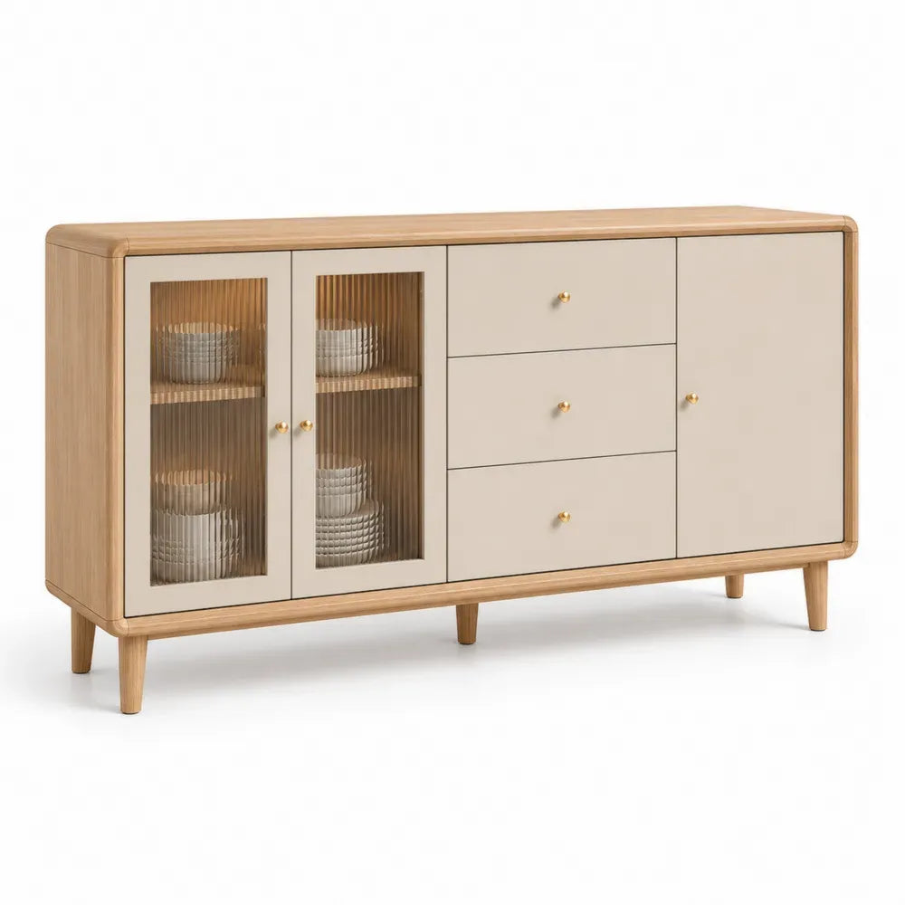 Sideboard Buffetschrank mit Riffelglastüren MDF gehärtetes Glas Kautschukholz rechteckig Natur Cremeweiß Braun getönt Goldfarben 160 x 40 x 80 cm