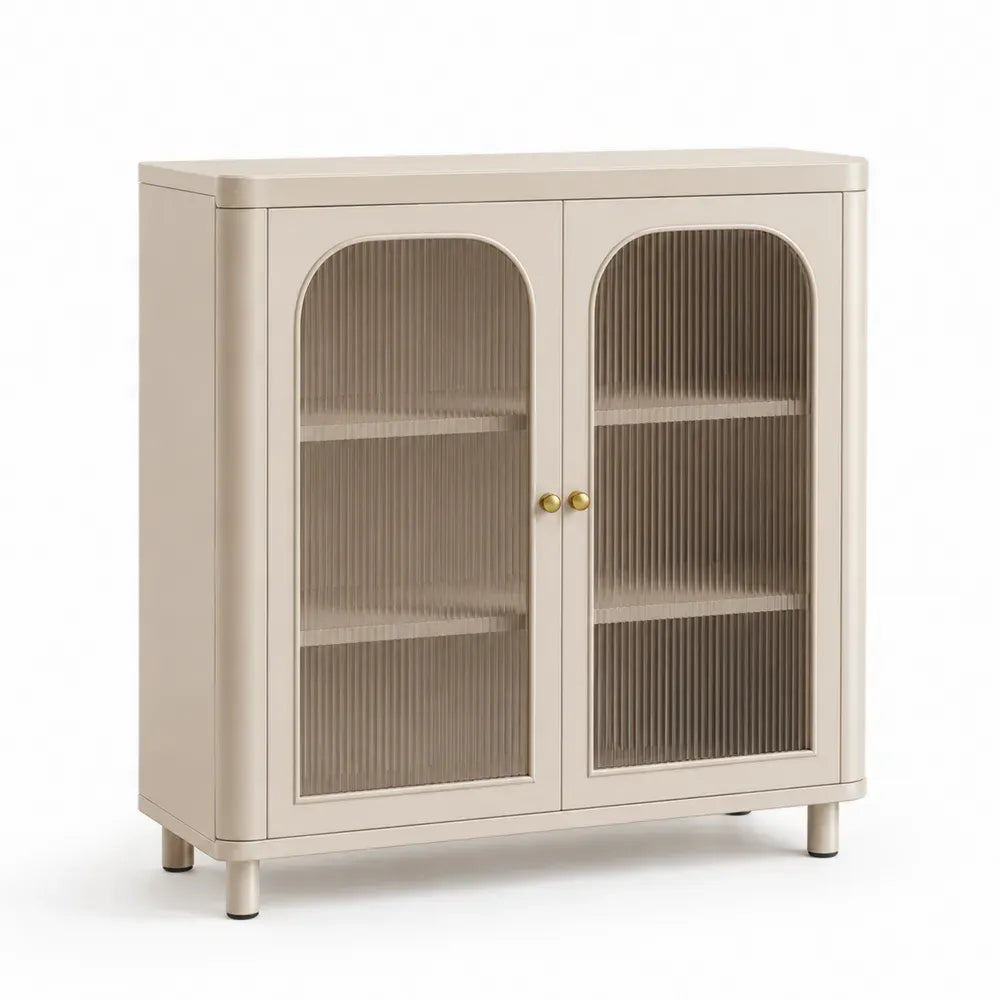 Aufbewahrungsschrank Sideboard mit 2 Riffelglastüren 90 x 40 x 90 cm MDF gehärtetes Riffelglas rechteckig Cremeweiß Goldfarben