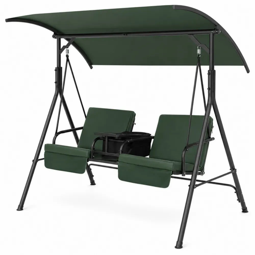Hollywoodschaukel 2-Sitzer mit Sonnendach Mitteltisch Stahlrohr Polyester Dunkelgrün Schwarz 198 x 120 x 170 cm