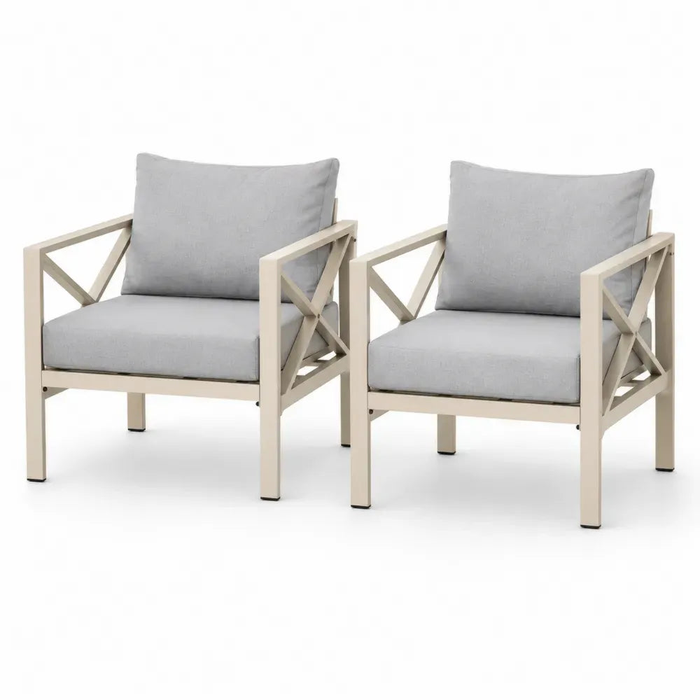 Gartenstühle 2er Set Loungesessel mit Aluminiumrahmen und Polyesterkissen Creme Grau 73 x 76 x 78 cm