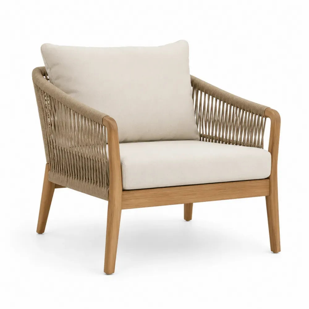 Garten Loungesessel mit Kissen 82 x 78 x 79 cm aus Akazienholz PE Seilgeflecht und Polyester Natur Beige Creme