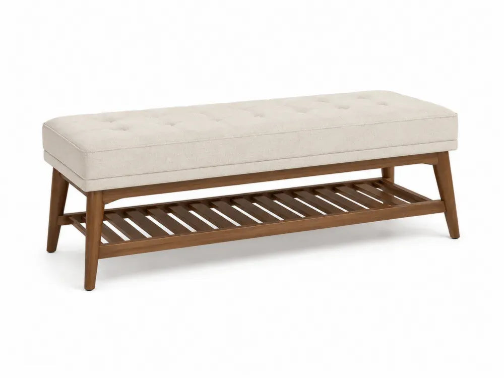 Sitzbank Schlafzimmerbank mit Ablage aus Polyester-Leinen-Mischgewebe und Kautschukholz Beige Braun 120 x 40 x 45 cm