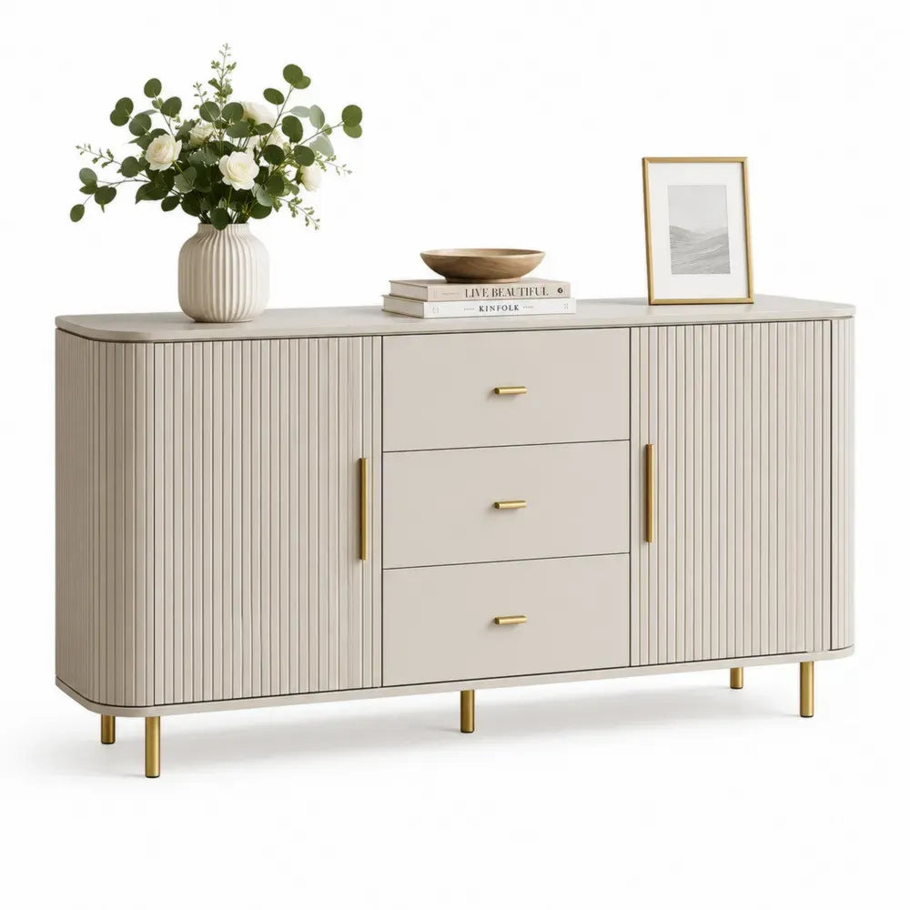 Sideboard mit 2 Rillentüren und 3 Schubladen aus MDF rechteckig Cremeweiß Goldfarben 160 x 40 x 85 cm