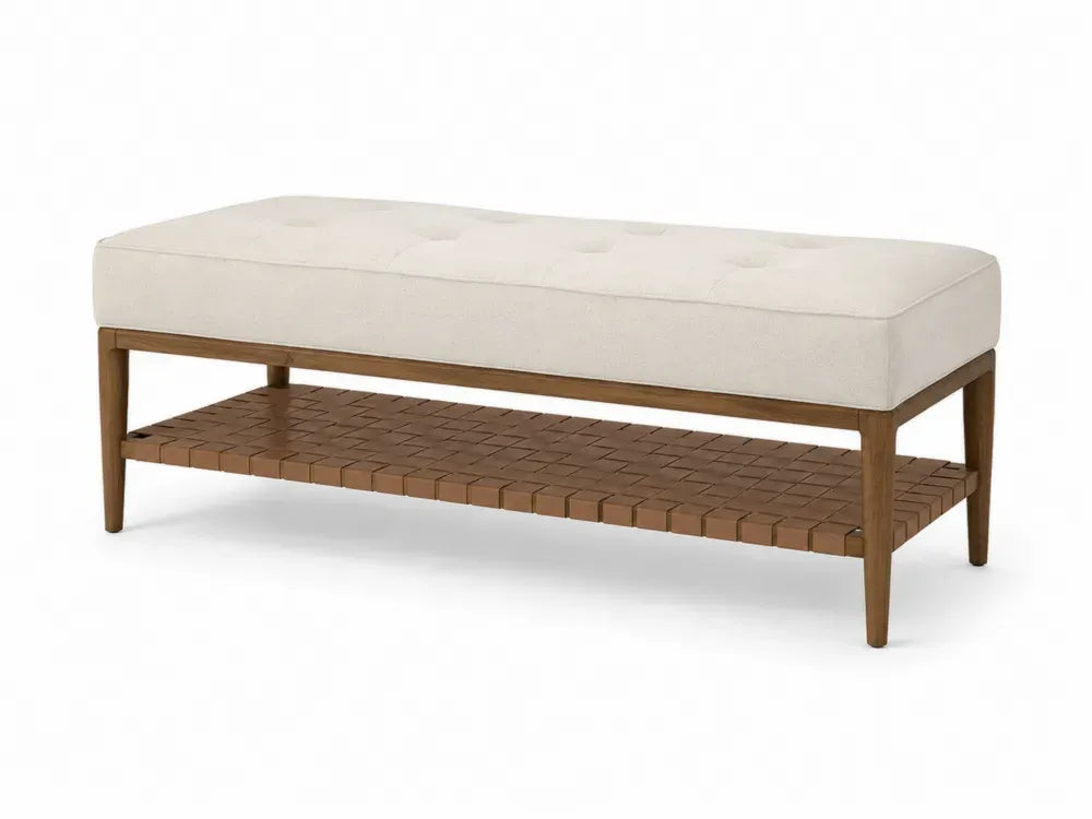Schlafzimmerbank Polsterbank mit Ablage Polyestergewebe Kautschukholz Papiergeflecht rechteckig Beige Naturbraun 120 x 45 x 45 cm