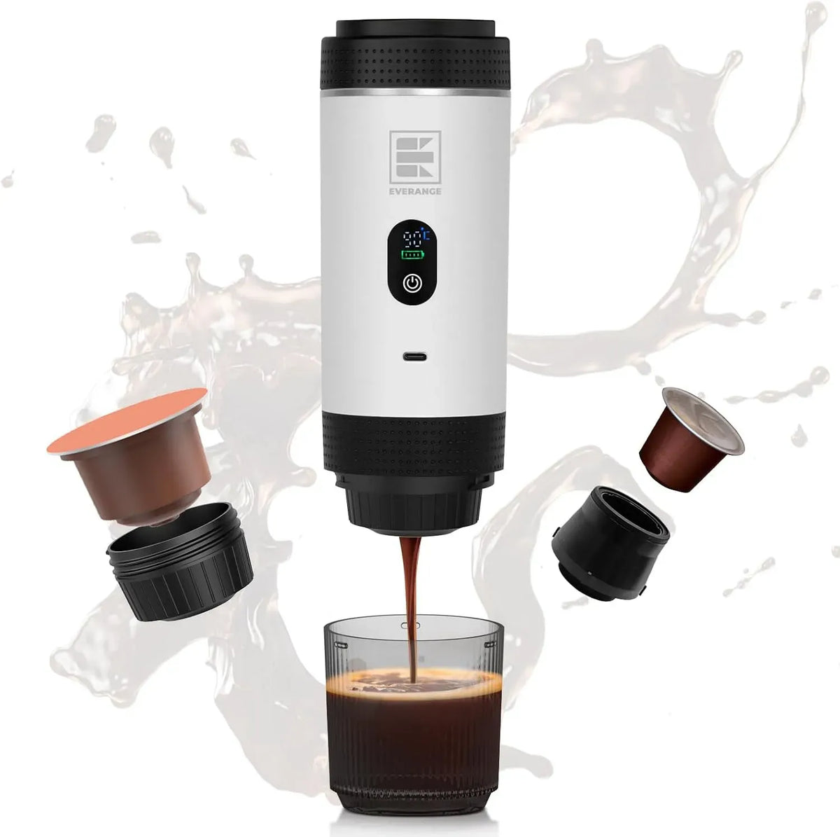 Espressomaschine, tragbar, LCD-Display, Weiß, kompatibel mit gemahlenem Kaffee und NS-Kapseln