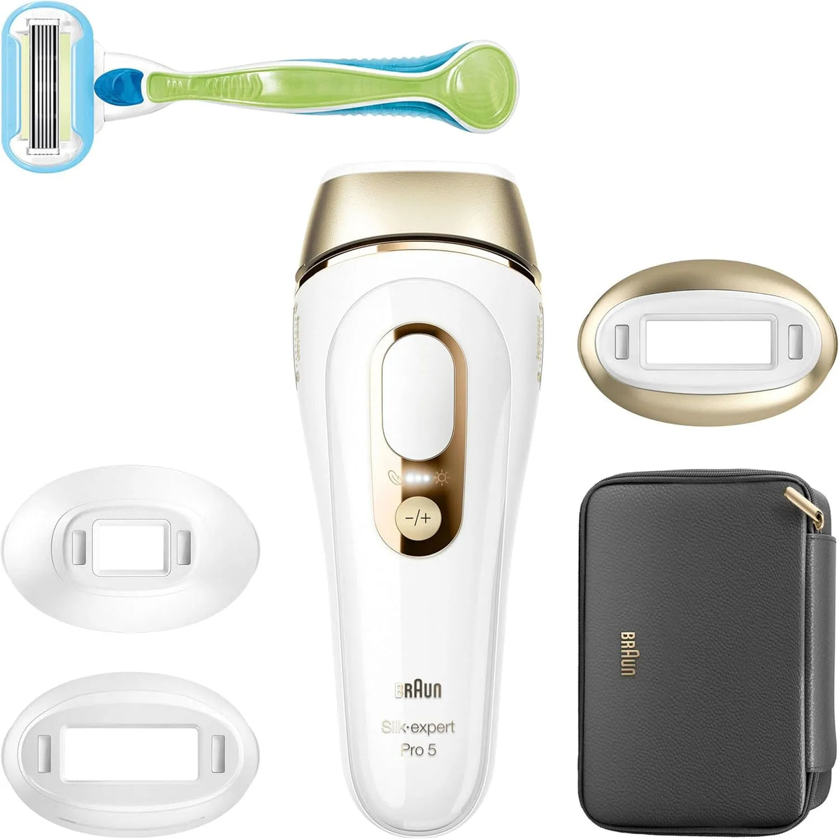 Braun PL5242 mit Etui, Weiß/Gold, IPL Silk-Expert Pro 5 Haarentfernung für Zuhause, 3 Köpfe, Alternative zur Laser-Haarentfernung, Venus-Rasiersystem