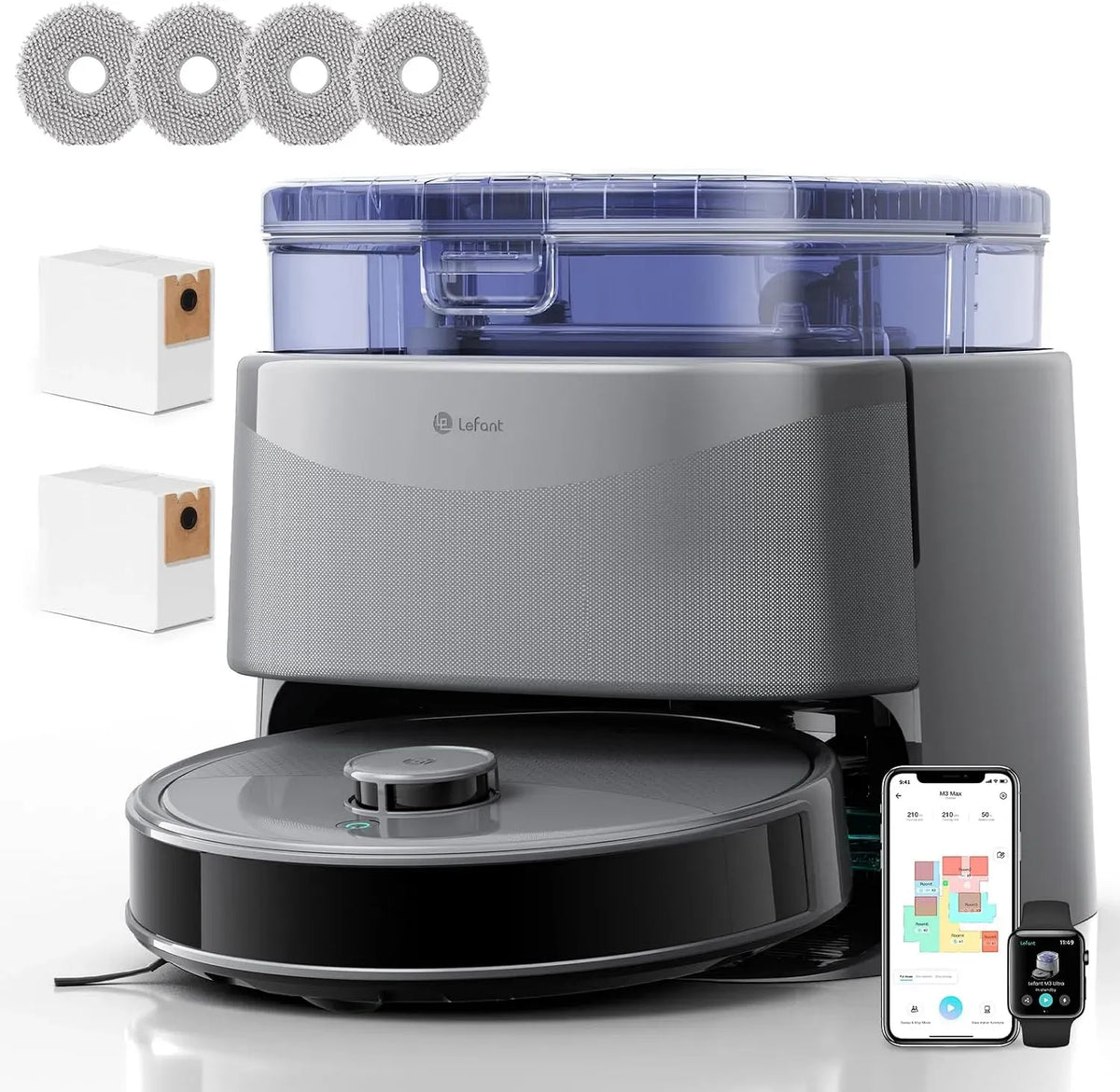 Lefant 2.4G/5G Staubsauger, 3,2 L, WLAN, Laser dToF 360°, All-in-One-Station 3,2 l, Wischmopp 75 °C mit Trocknung, Alexa/App, 23000Pa, PSD-Schutz