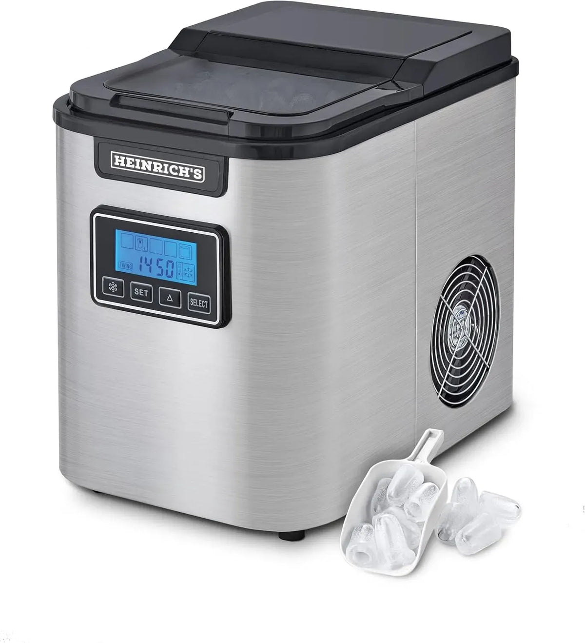 Eiswürfelmaschine, 2,2 L, 120 W, HEINRICHS, Timer, großer Wassertank, LCD-Display, Edelstahl, 3 einstellbare Eiswürfelgrößen