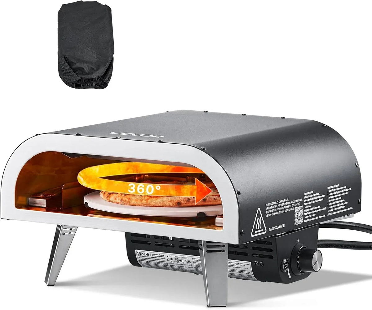 VEVOR Elektrischer Pizzaofen, 470 x 430 x 270 mm, tragbar, Outdoor, Camping, Schwarz, elektrischer Rotation und dickem Pizzastein