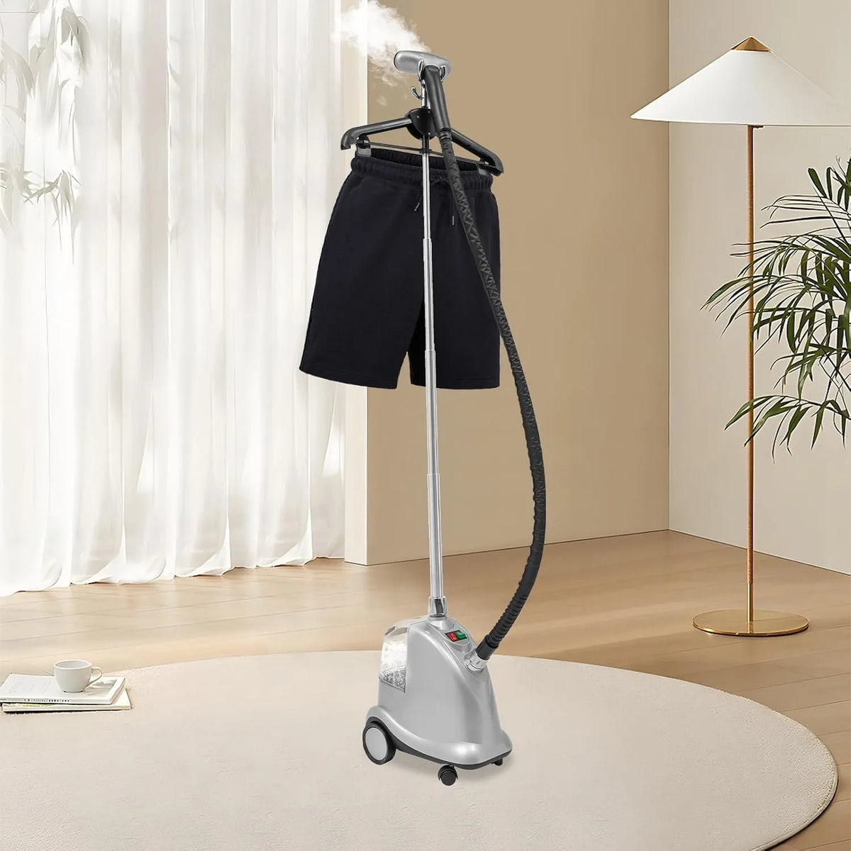 60s Stand-Dampfglätter, Faltenentferner, Dampfbürste, 3 L, 2200 W, Transportrollen, großer Wassertank, gewerblich, Wärmefunktion, Silber