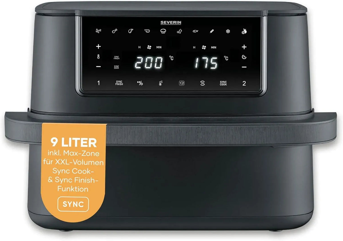 Severin FR 9599 Heißluftfritteuse, 9 L, 2600 W, 10 Programme, 2 Temperaturzonen, Schwarz, Heißluft itteuse Max Zone Flex, 2 Garzonen, XXL itteuse