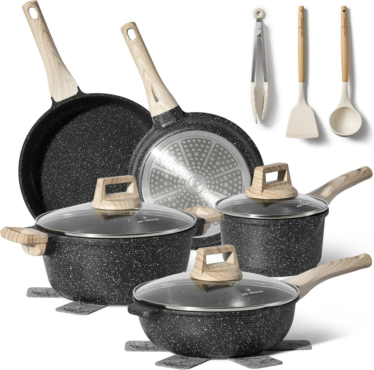 15-teiliges Set in Beige, Induktions-Kochgeschirr-Set, PERFECTO, Antihaftbeschichtete Töpfe und Pfannen mit Glasdeckeln, PFOA & PTFE-frei