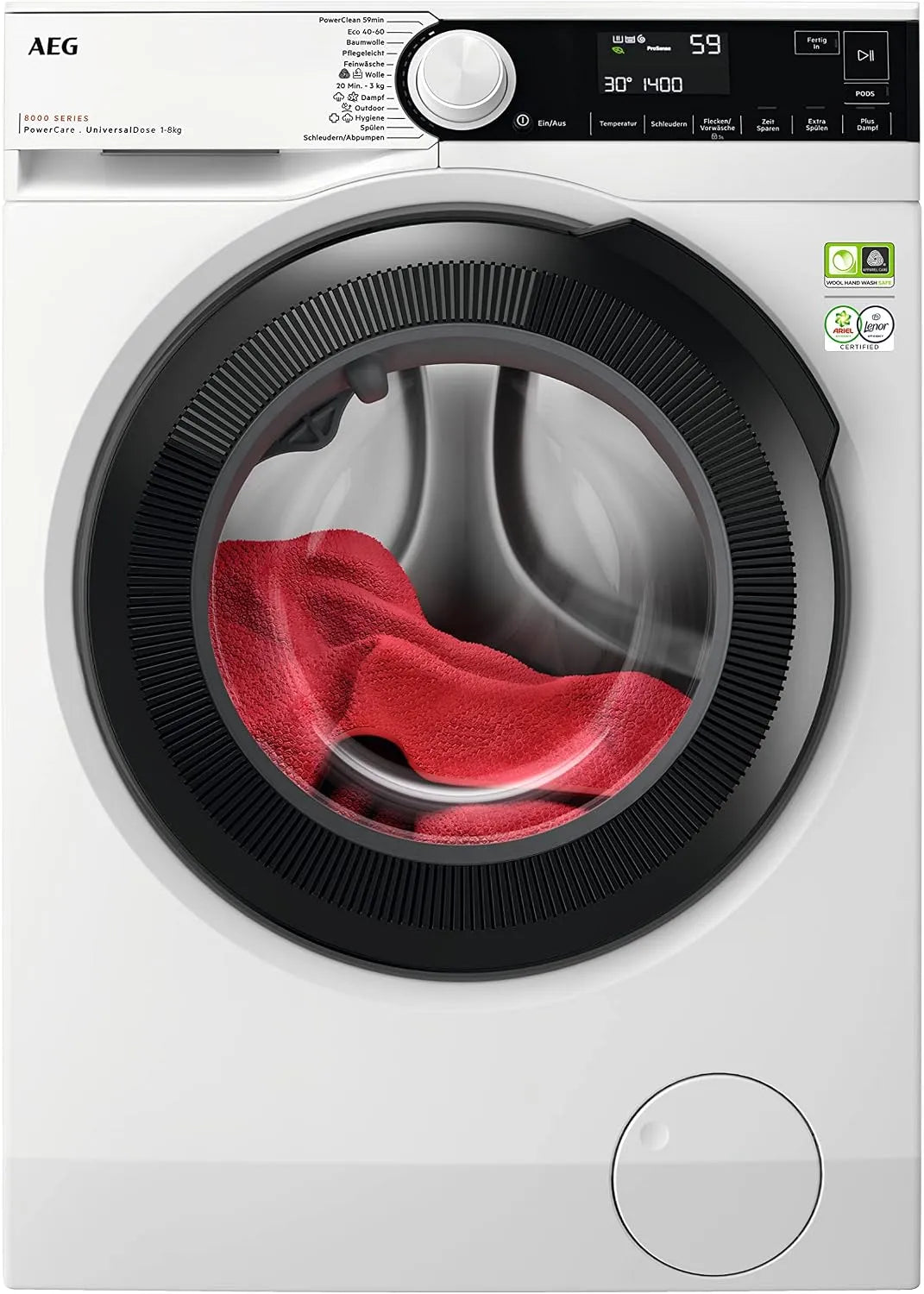 AEG Serie 8000 LR8E70480 Waschmaschine, 8 kg, Kindersicherung, Dampf, leise, 1400 U/min, Dampf-Programm
