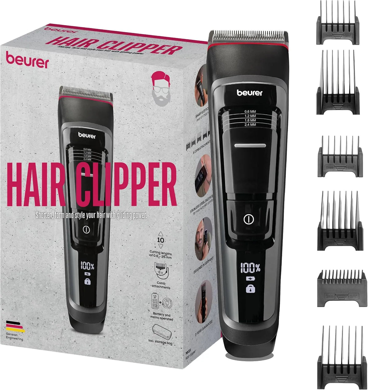 MN5X 4-stufige Haarschneidemaschine, Haarschneider, Akku, gewerblich, Edelstahl, kabellos, für individuelles Styling, Beurer