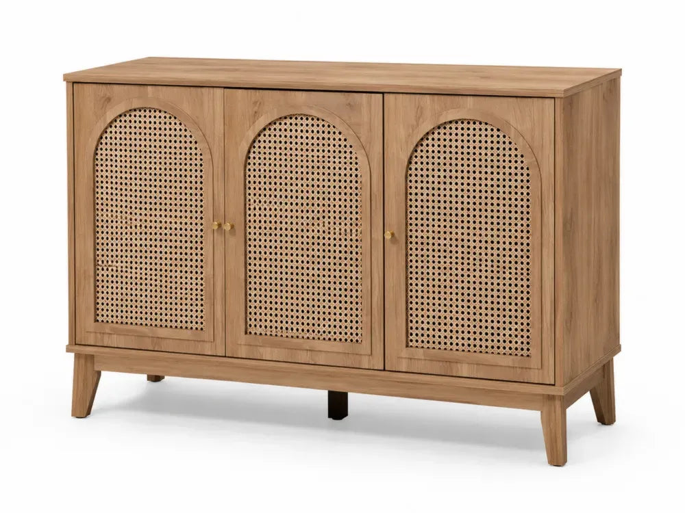 Aufbewahrungsschrank Sideboard mit 3 Rattantüren 120 x 40 x 80 cm MDF Eichenfurnier Rattangeflecht rechteckig Naturbraun Naturfarben