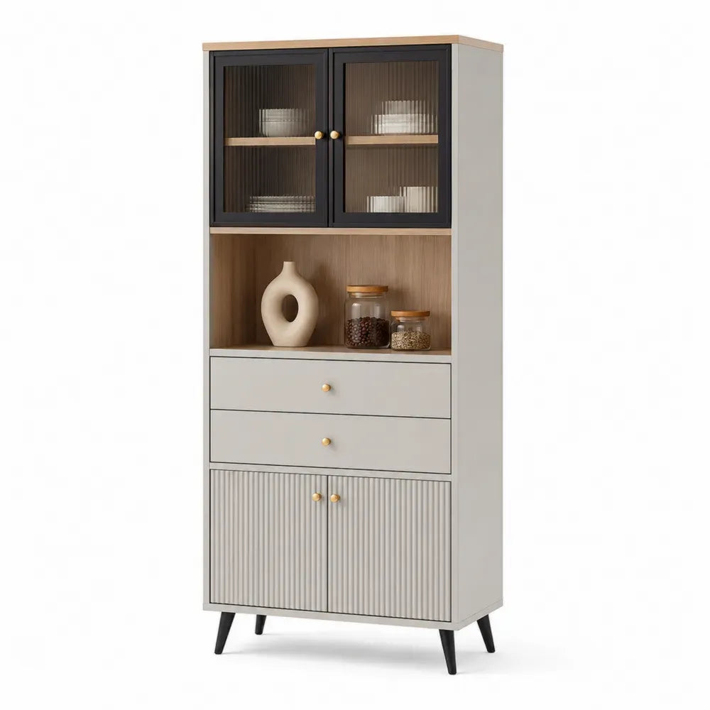 Buffetschrank Küchenbuffet mit Türen Schubladen MDF Riffelglas Stahl rechteckig Grau Natur Schwarz 80 x 40 x 180 cm