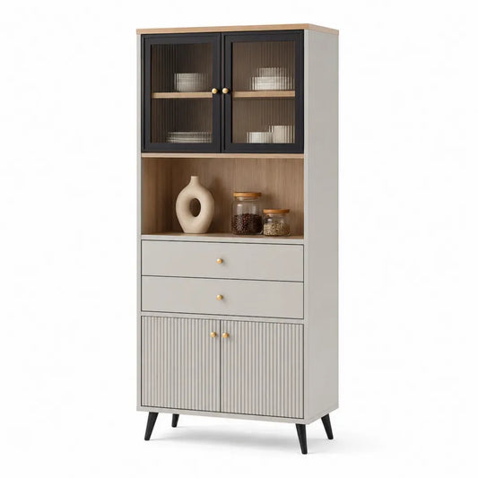 Buffetschrank Küchenbuffet mit Türen Schubladen MDF Riffelglas Stahl rechteckig Grau Natur Schwarz 80 x 40 x 180 cm