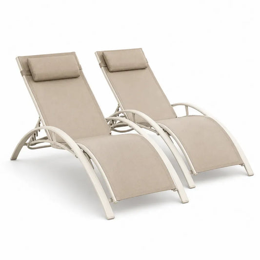 Gartenliegen 2er Set mit Kopfkissen 165 x 63 x 92 cm aus Stahlrohr und PVC beschichtetem Polyestergewebe Beige Creme