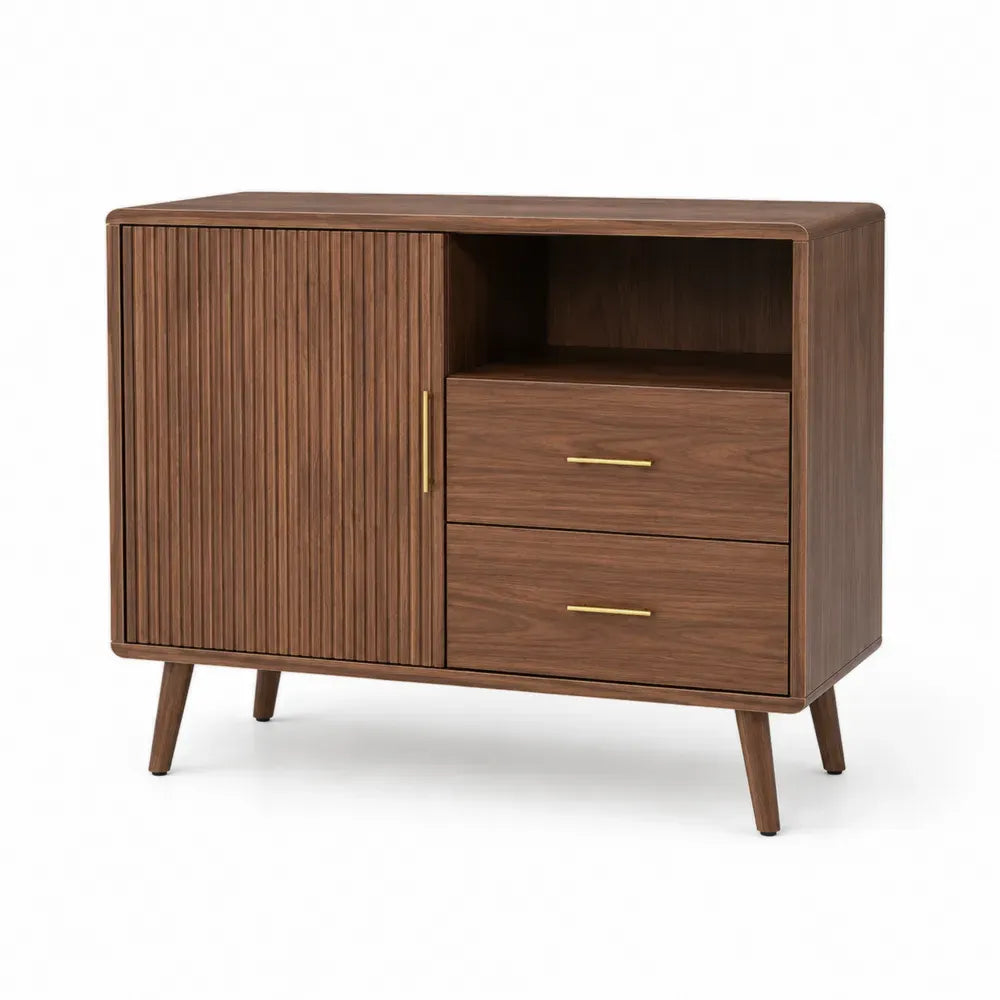 Sideboard Kommode mit Rillentür 2 Schubladen und offenem Fach 100 x 40 x 80 cm MDF mit Walnussfurnier rechteckig Braun Messingfarben