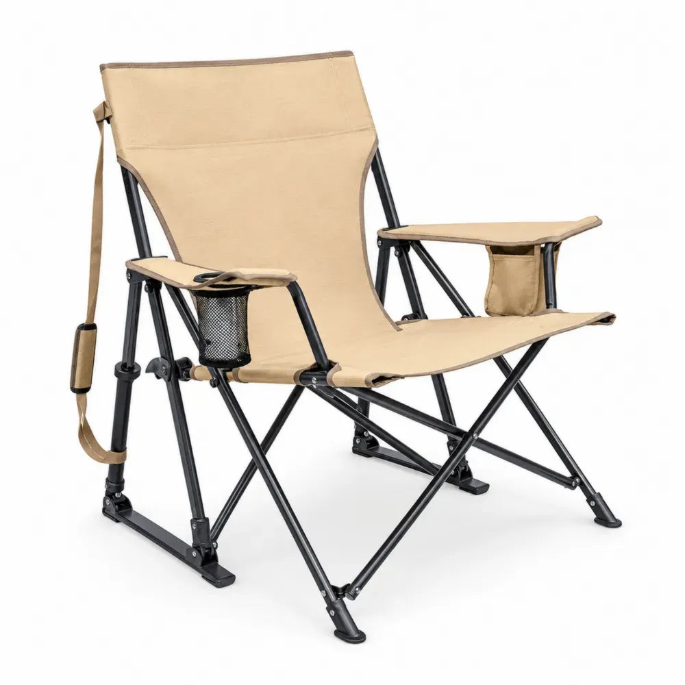 Garten Klappstuhl mit Armlehnen Getränkehalter und Seitentasche 600D Oxford Polyester pulverbeschichteter Stahl Beige Schwarz Silberfarben 92 x 60 x 105 cm