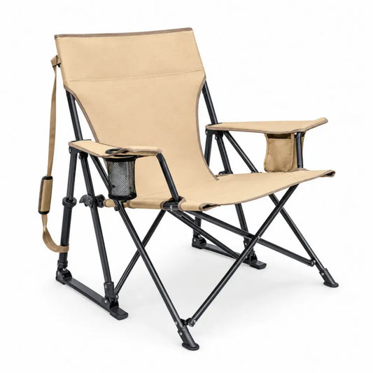Garten Klappstuhl mit Armlehnen Getränkehalter und Seitentasche 600D Oxford Polyester pulverbeschichteter Stahl Beige Schwarz Silberfarben 92 x 60 x 105 cm