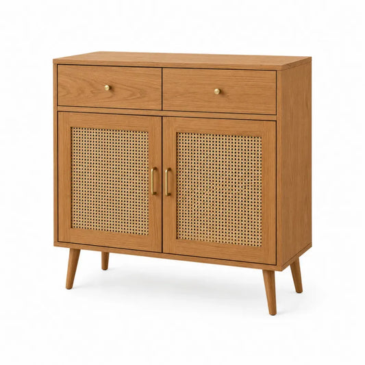 Aufbewahrungsschrank Sideboard 80 x 35 x 90 cm MDF Rattan Kautschukholz rechteckig Naturbraun Goldfarben mit 2 Schubladen 2 Türen