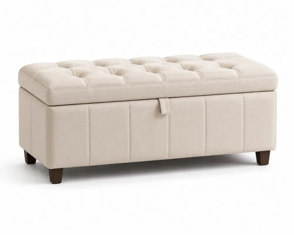 Schlafzimmerbank Polsterbank mit Stauraum 120 x 45 x 45 cm Polyestergewebe Kautschukholz rechteckig Beige Dunkelbraun