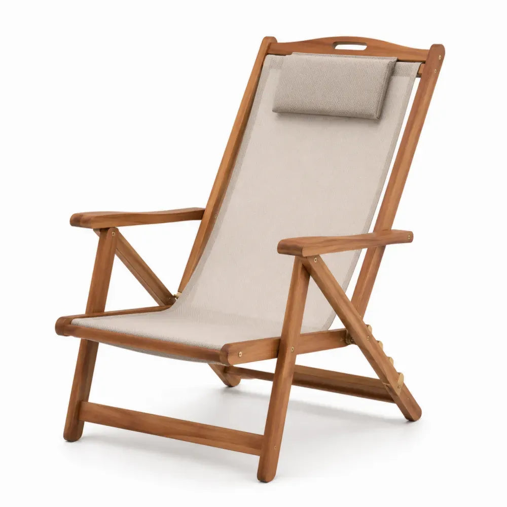 Garten Relaxstuhl klappbar mit Armlehnen Kopfkissen Akazienholz Textilene rechteckig Naturbraun Beige Silberfarben 70 x 92 x 105 cm