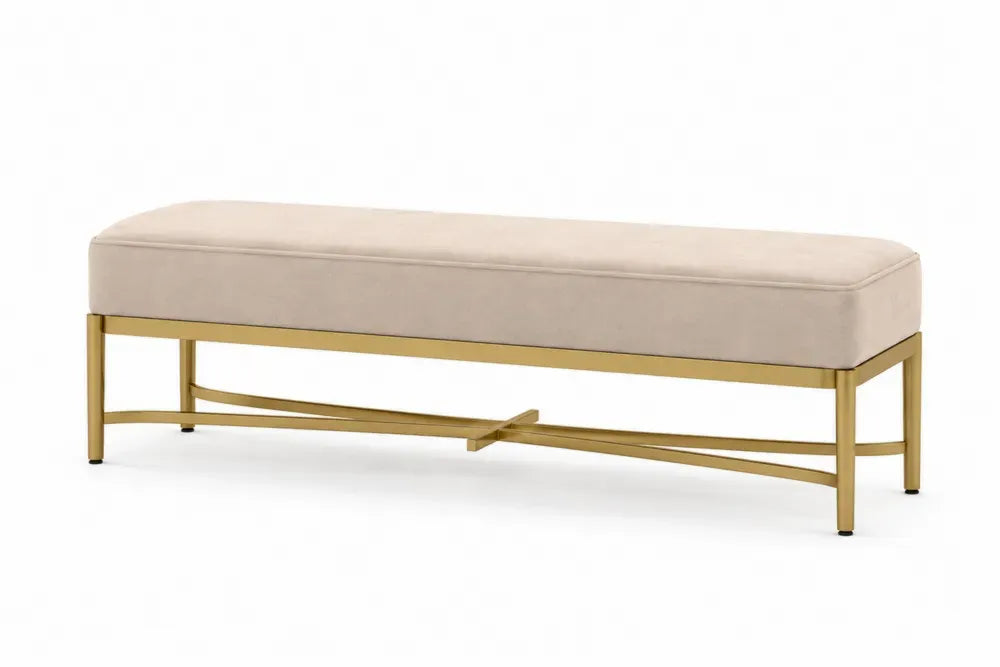Schlafzimmerbank Sitzbank rechteckig gepolstert mit Polyester-Velours und Stahlgestell Beige Goldfarben 120 x 40 x 45 cm