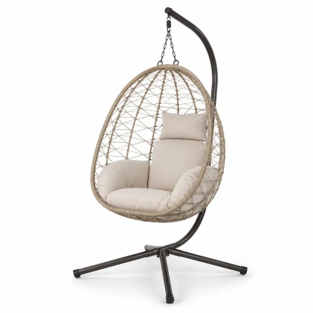 Hängesessel mit Gestell und Kissen 105 x 105 x 198 cm aus PE Rattan pulverbeschichtetem Stahl und Polyester eiförmig Naturbeige Cremeweiß Schwarz