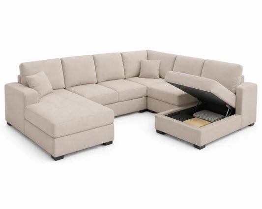 Modulares Ecksofa U-Form 310 x 220 x 85 cm Polyester Webstoff Kiefernholz Beige Schwarz mit Bettkasten Recamieren und Kissen