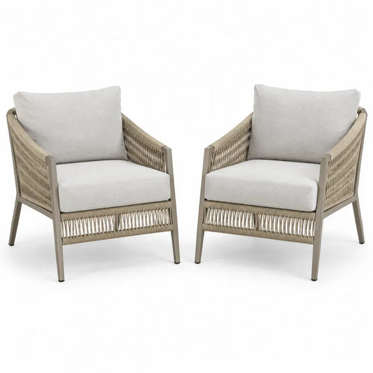 Gartensessel 2er Set Loungesessel aus Aluminium PE-Seilgeflecht und Polyester Beige Creme Taupe 72 x 74 x 78 cm