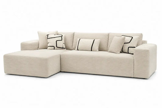 Modulares Ecksofa mit Ottomane links und 5 Kissen 280 x 160 x 85 cm Polyester Cord Kiefernholz L-Form Cremeweiß Schwarz