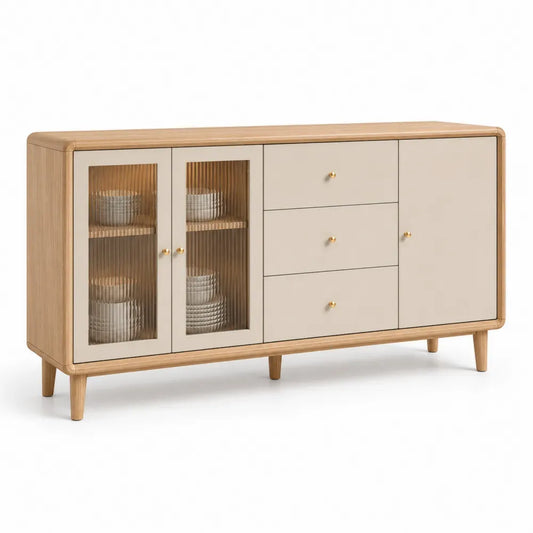 Sideboard Buffetschrank mit Riffelglastüren MDF gehärtetes Glas Kautschukholz rechteckig Natur Cremeweiß Braun getönt Goldfarben 160 x 40 x 80 cm