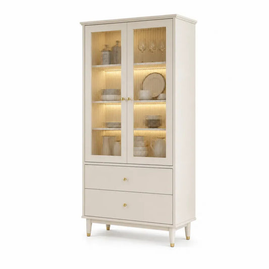Buffetschrank Vitrine 80 x 40 x 180 cm MDF geriffeltes Glas rechteckig Cremeweiß Goldfarben mit 2 Glastüren 2 Schubladen