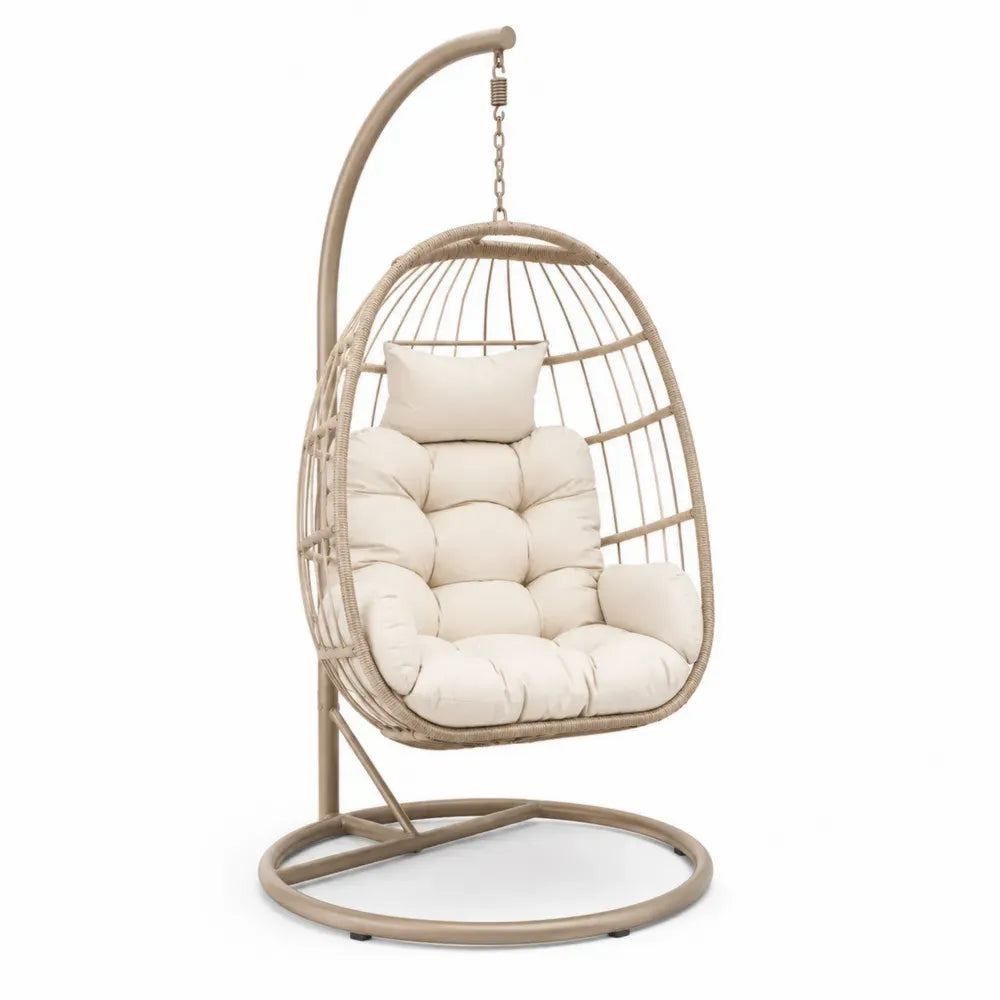 Garten Hängesessel mit Gestell Kissen PE Rattan pulverbeschichteter Stahl eiförmig Beige Taupe Creme Silberfarben Schwarz 105 x 105 x 195 cm