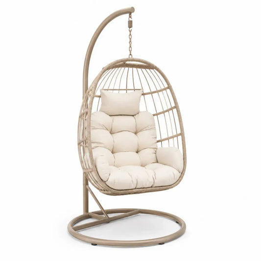 Garten Hängesessel mit Gestell Kissen PE Rattan pulverbeschichteter Stahl eiförmig Beige Taupe Creme Silberfarben Schwarz 105 x 105 x 195 cm