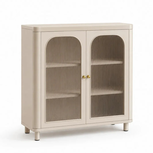 Aufbewahrungsschrank Sideboard mit 2 Riffelglastüren 90 x 40 x 90 cm MDF gehärtetes Riffelglas rechteckig Cremeweiß Goldfarben