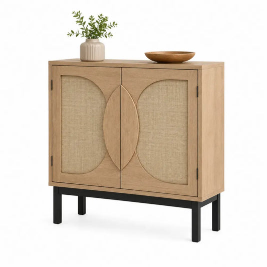 Sideboard Buffetschrank mit Rattantüren MDF Rattan Stahl rechteckig Natur Schwarz 90 x 40 x 105 cm