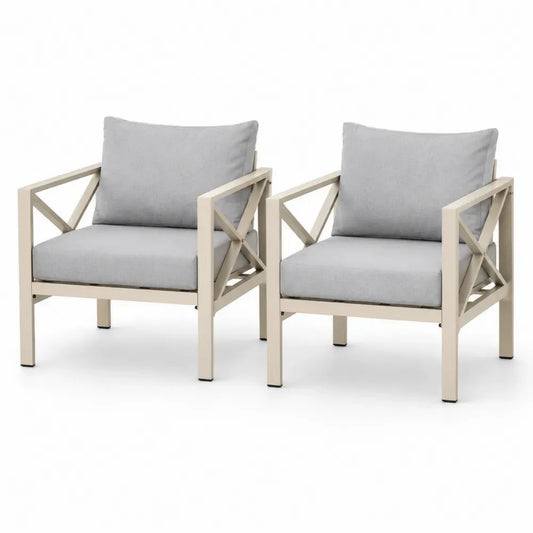 Gartenstühle 2er Set Loungesessel mit Aluminiumrahmen und Polyesterkissen Creme Grau 73 x 76 x 78 cm