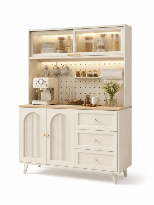 Küchenbuffet Buffetschrank 120 x 40 x 180 cm MDF Riffelglas rechteckig Cremeweiß Naturholz Goldfarben mit Pegboard 3 Schubladen