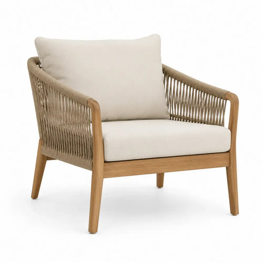 Garten Loungesessel mit Kissen 82 x 78 x 79 cm aus Akazienholz PE Seilgeflecht und Polyester Natur Beige Creme