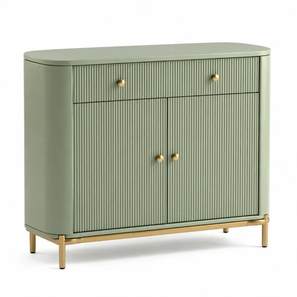 Sideboard Aufbewahrungsschrank 120 x 40 x 85 cm MDF Stahl rechteckig abgerundet Salbeigrün Goldfarben mit 2 Türen 2 Schubladen