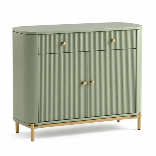 Sideboard Aufbewahrungsschrank 120 x 40 x 85 cm MDF Stahl rechteckig abgerundet Salbeigrün Goldfarben mit 2 Türen 2 Schubladen