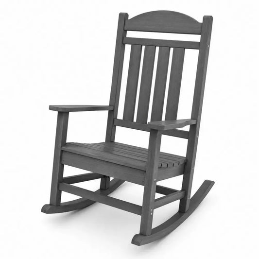 Gartenschaukelstuhl Hochlehner mit Armlehnen und Kufen HDPE Kunststoff Lattenform Grau Silberfarben 68 x 86 x 112 cm