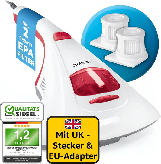 Milbensauger, Reiseadapter, CLEANmaxx Milbensauger mit UK Stecker & Reiseadapter
